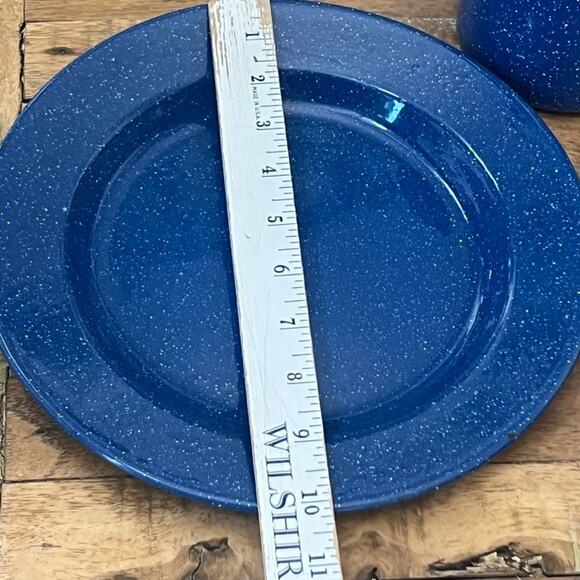 Enamelware Camping Dish Set of 1 Plate, Mug, and Bowl Blue White Speckled - Picture 4 of 12